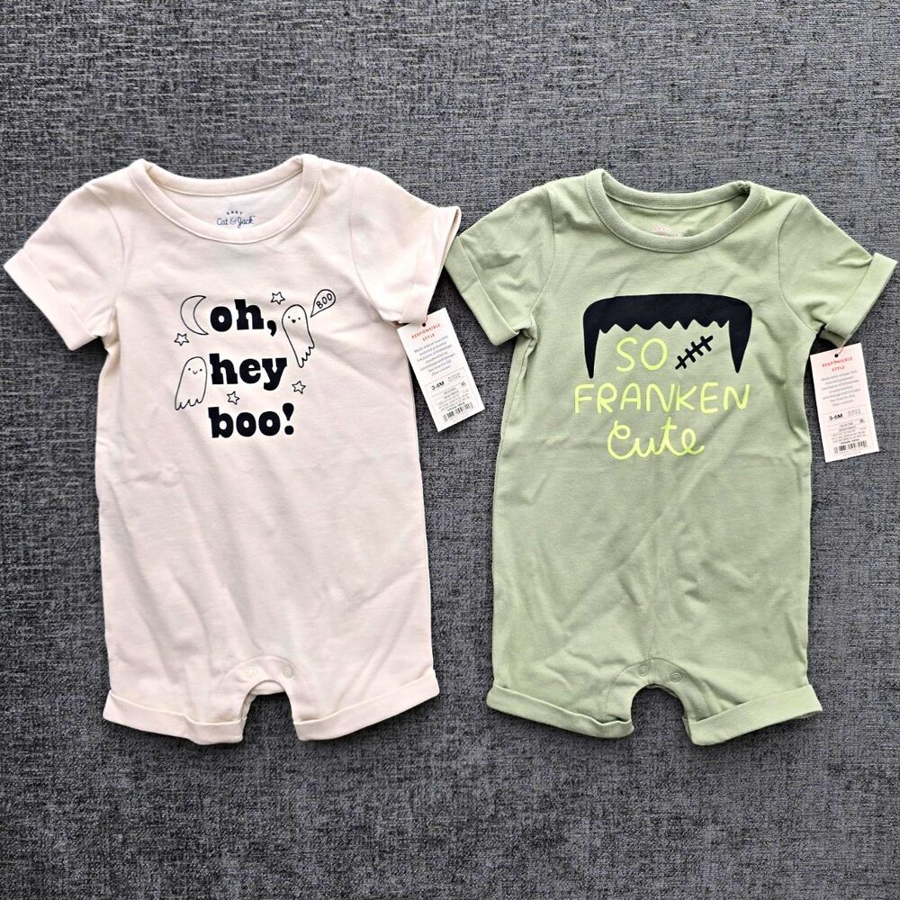 Cat & Jack Baby 3-6M 2pc Halloween Ghost Frankenstein Romper Set White Green